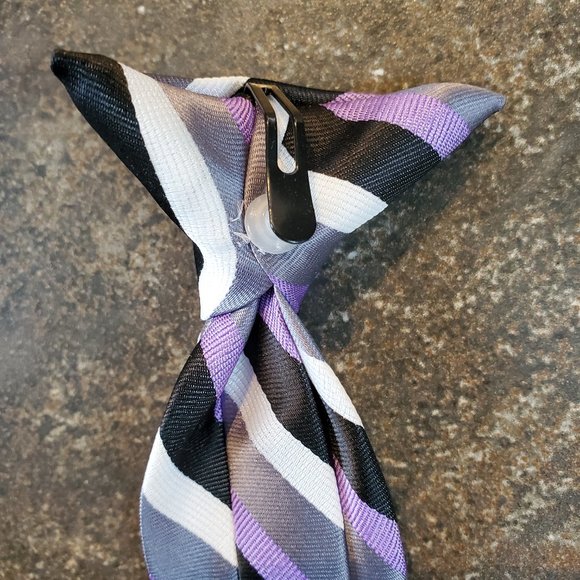 Youth Boy Clip On Tie, Gray, Black, Purple, White Stripe - Picture 5 of 8